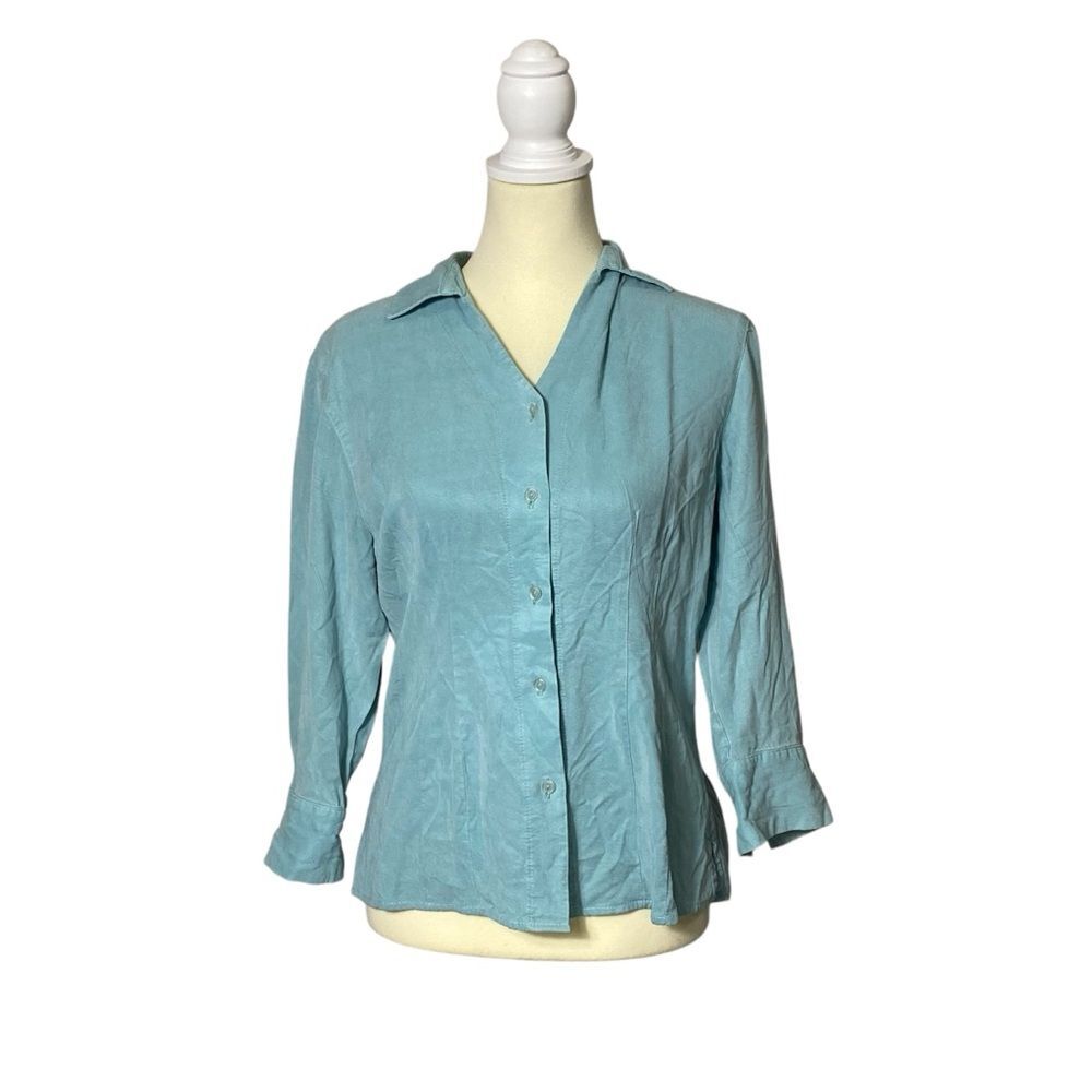 TIANELLO TENCELโข "Suzy" Button Front Pastel Teal Blouse Women's Size XS
